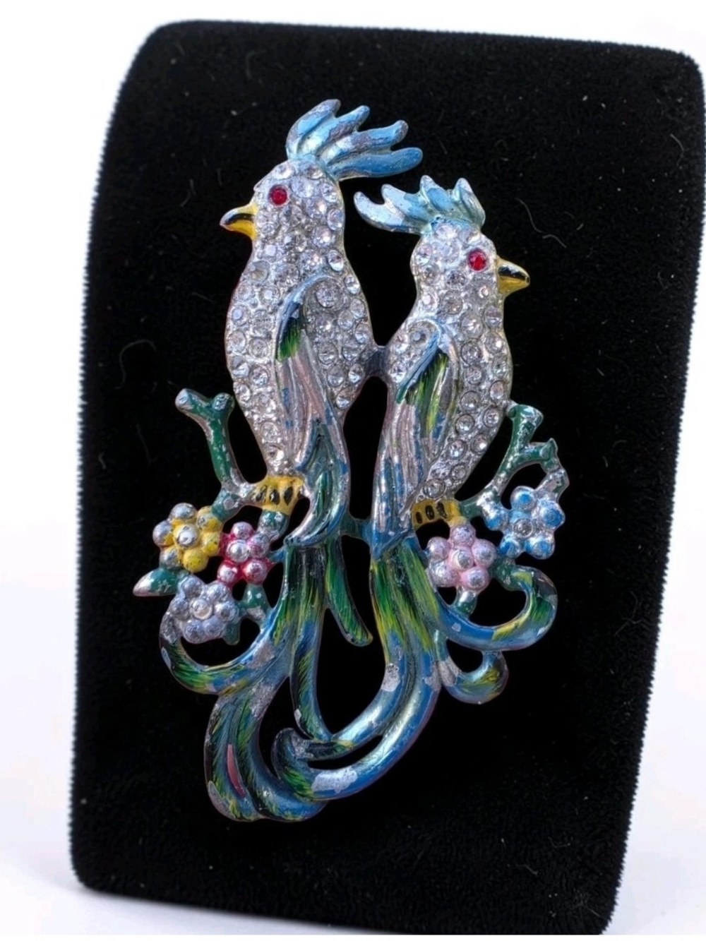 Vintage Pot Metal Double Cockatoo Cockatiel Parrot Brooch Enamel Coro Attributed